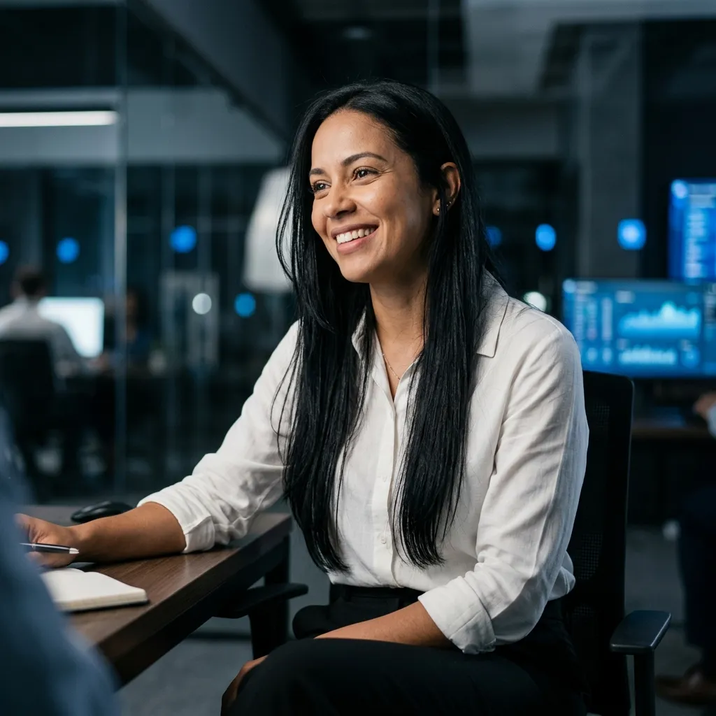 Atendente da Classe A sorrindo em escritório corporativo